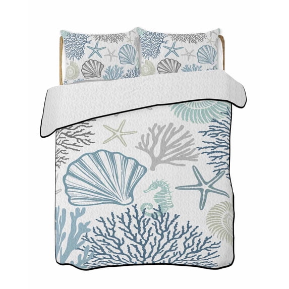 Quilts Twin Size, Navy Blue Teal Coastal Soft Comforter Bedding Set for Bed, Summer Beach Coral Shell Ocean Lightweight Quilted Bedspread with Pillow Cover(2 Pieces) for All Season, 68x86 Inch