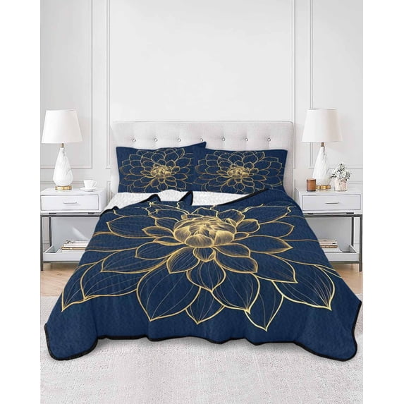 Quilts Twin Size, Navy Blue Yellow Spring Floral Soft Comforter Bedding Set for Bed, Chic Blossoms Botanical Lightweight Quilted Bedspread with Pillow Cover(2 Pieces) for All Season, 68x86 Inch
