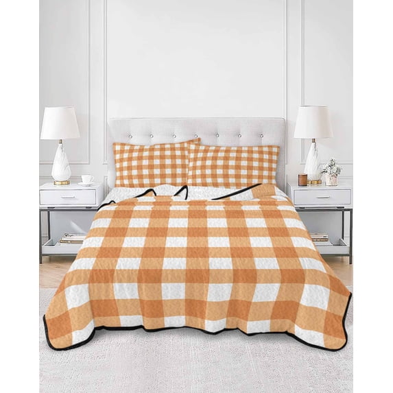 Quilts Twin Size, Orange Plaid Soft Comforter Bedding Set for Bed, Gradient Geometric Buffalo White Checkered Lightweight Quilted Bedspread with Pillow Cover(2 Pieces) for All Season, 68x86 Inch