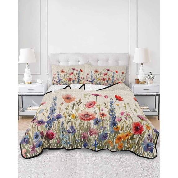 Quilts Twin Size, Pastoral Spring Floral Soft Comforter Bedding Set for Bed, Rustic Summer Flower Botanical Lightweight Quilted Bedspread with Pillow Cover(2 Pieces) for All Season, 68x86 Inch