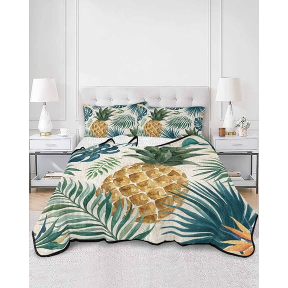 Quilts Twin Size, Pineapple Soft Comforter Bedding Set for Bed, Summer Fruits Palm Leaves Botanical Tropical Lightweight Quilted Bedspread with Pillow Cover(2 Pieces) for All Season, 68x86 Inch