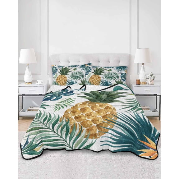 Quilts Twin Size, Pineapple Soft Comforter Bedding Set for Bed, Summer Fruits Tropical Palm Monstera Leaves Lightweight Quilted Bedspread with Pillow Cover(2 Pieces) for All Season, 68x86 Inch