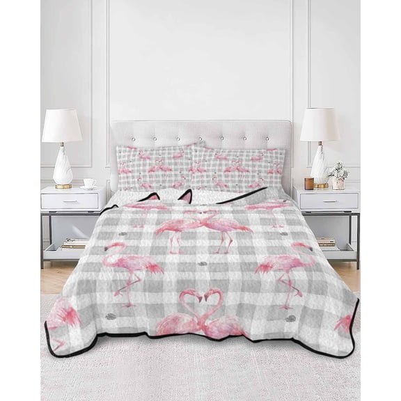 Quilts Twin Size, Pink Flamingo Soft Comforter Bedding Set for Bed, Summer Tropical Animals Grey Plaid Lightweight Quilted Bedspread with Pillow Cover(2 Pieces) for All Season, 68x86 Inch
