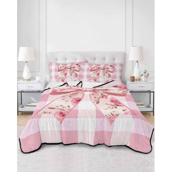 Quilts Twin Size, Pink Floral Print Soft Comforter Bedding Set for Bed, Checkered Bow Rose Flower Gingham Lightweight Quilted Bedspread with Pillow Cover(2 Pieces) for All Season, 68x86 Inch