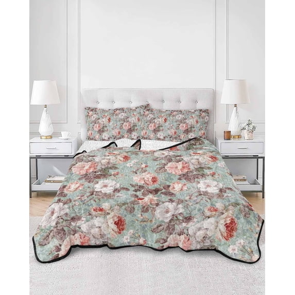 Quilts Twin Size, Pink Green Spring Floral Soft Comforter Bedding Set for Bed, Vintage Botanical Summer Lightweight Quilted Bedspread with Pillow Cover(2 Pieces) for All Season, 68x86 Inch