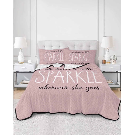 Quilts Twin Size, Pink Soft Comforter Bedding Set for Bed, She Leaves A Little SPARKLE Wherever She Goes Lightweight Quilted Bedspread with Pillow Cover(2 Pieces) for All Season, 68x86 Inch