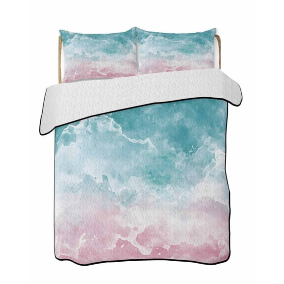 Quilts Twin Size, Pink Turquoise Ombre Soft Comforter Bedding Set for Bed, Abstract Beach Waves Gradient Lightweight Quilted Bedspread with Pillow Cover(2 Pieces) for All Season, 68x86 Inch