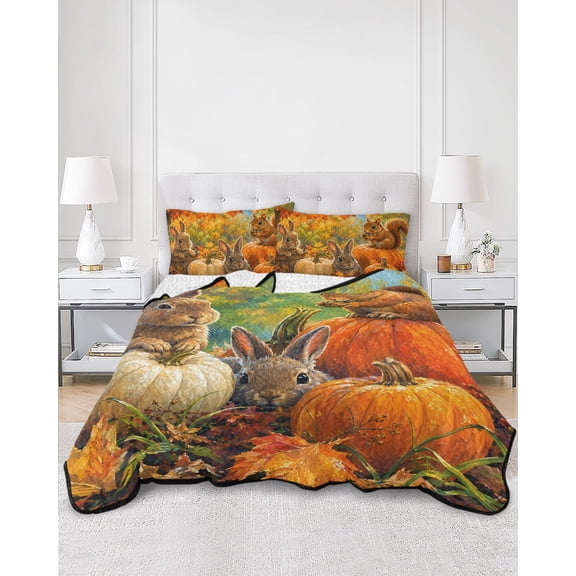 Quilts Twin Size, Pumpkins Fall Soft Comforter Bedding Set for Bed, Thanksgiving Squirrel Leaves Farmhouse Lightweight Quilted Bedspread with Pillow Cover(2 Pieces) for All Season, 68x86 Inch