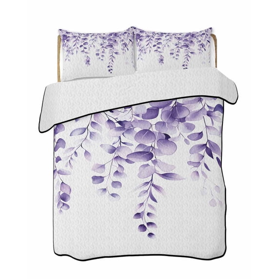 Quilts Twin Size, Purple Eucalyptus Leaves Soft Comforter Bedding Set for Bed, Spring Rustic Botanical Lightweight Quilted Bedspread with Pillow Cover(2 Pieces) for All Season, 68x86 Inch
