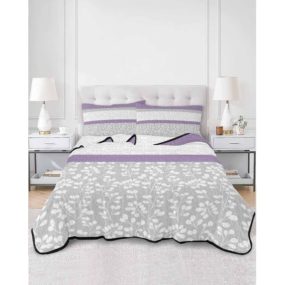 Quilts Twin Size, Purple Grey Soft Comforter Bedding Set for Bed, Chic Garden Floral Stripe Aesthetic Flower Lightweight Quilted Bedspread with Pillow Cover(2 Pieces) for All Season, 68x86 Inch