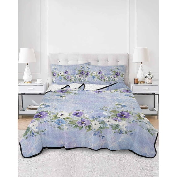 Quilts Twin Size, Purple White Flowers Soft Comforter Bedding Set for Bed, Spring Farmhouse Botanical Floral Lightweight Quilted Bedspread with Pillow Cover(2 Pieces) for All Season, 68x86 Inch