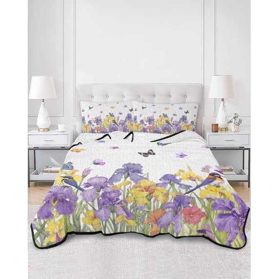 Quilts Twin Size, Purple Yellow Spring Floral Soft Comforter Bedding Set for Bed, Summer Botanical Birds Lightweight Quilted Bedspread with Pillow Cover(2 Pieces) for All Season, 68x86 Inch
