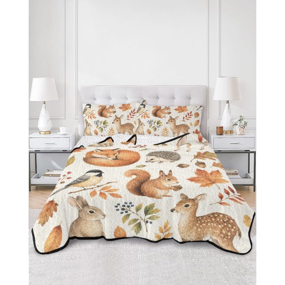Quilts Twin Size, Rabbit Deer Fall Soft Comforter Bedding Set for Bed, Thanksgiving Animals Squirrel Leaves Lightweight Quilted Bedspread with Pillow Cover(2 Pieces) for All Season, 68x86 Inch
