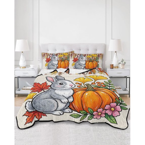 Quilts Twin Size, Rabbit Thanksgiving Soft Comforter Bedding Set for Bed, Fall Pumpkins Leaves Rustic Lightweight Quilted Bedspread with Pillow Cover(2 Pieces) for All Season, 68x86 Inch