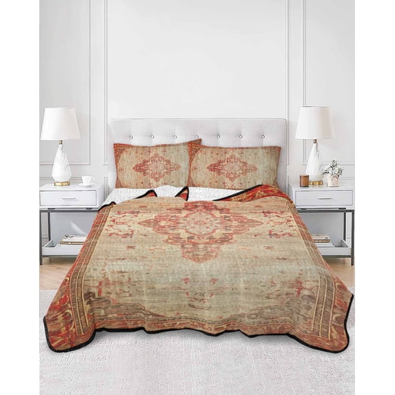 Quilts Twin Size, Red Beige Soft Comforter Bedding Set for Bed, Vintage Boho Ethnic Geometric Abstract Art Lightweight Quilted Bedspread with Pillow Cover(2 Pieces) for All Season, 68x86 Inch