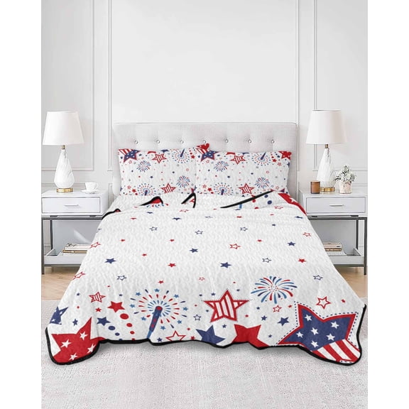 Quilts Twin Size, Red Blue Star 4th of July Soft Comforter Bedding Set for Bed, Independence Day Fireworks Lightweight Quilted Bedspread with Pillow Cover(2 Pieces) for All Season, 68x86 Inch