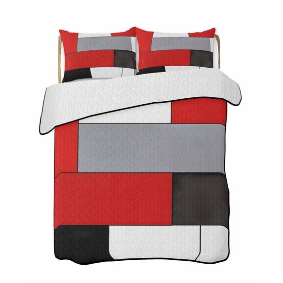 Quilts Twin Size, Red Grey Geometric Soft Comforter Bedding Set for Bed, Modern Black White Abstract Art Lightweight Quilted Bedspread with Pillow Cover(2 Pieces) for All Season, 68x86 Inch