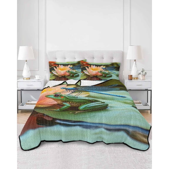 Quilts Twin Size, Rustic Frog Dragonfly Soft Comforter Bedding Set for Bed, Watercolor Lotus Botanical Lightweight Quilted Bedspread with Pillow Cover(2 Pieces) for All Season, 68x86 Inch