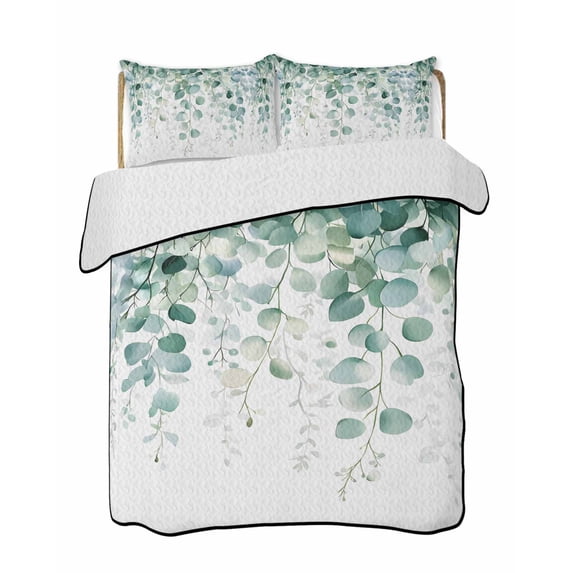 Quilts Twin Size, Sage Green Eucalyptus Leaves Soft Comforter Bedding Set for Bed, Spring Farmhouse Botanical Lightweight Quilted Bedspread with Pillow Cover(2 Pieces) for All Season, 68x86 Inch