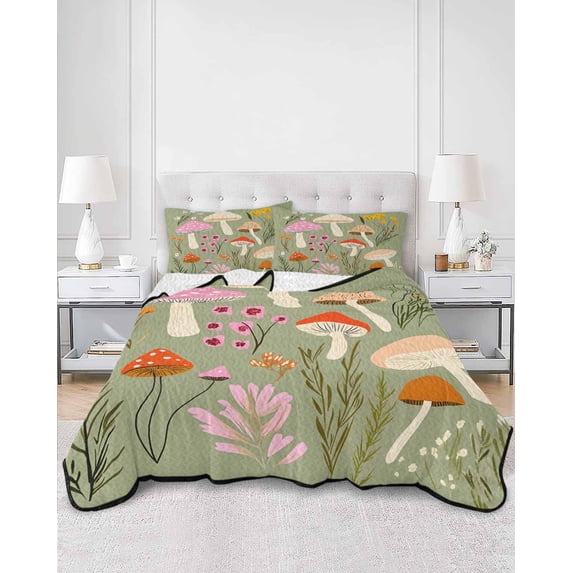 Quilts Twin Size, Sage Green Mushroom Soft Comforter Bedding Set for Bed, Spring Blooms Botanicals Lightweight Quilted Bedspread with Pillow Cover(2 Pieces) for All Season, 68x86 Inch