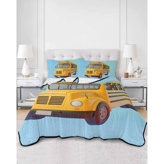 Quilts Twin Size, School Bus Soft Comforter Bedding Set for Bed, Cartoon Funny Yellow Transportation Truck Blue Lightweight Quilted Bedspread with Pillow Cover(2 Pieces) for All Season, 68x86 Inch