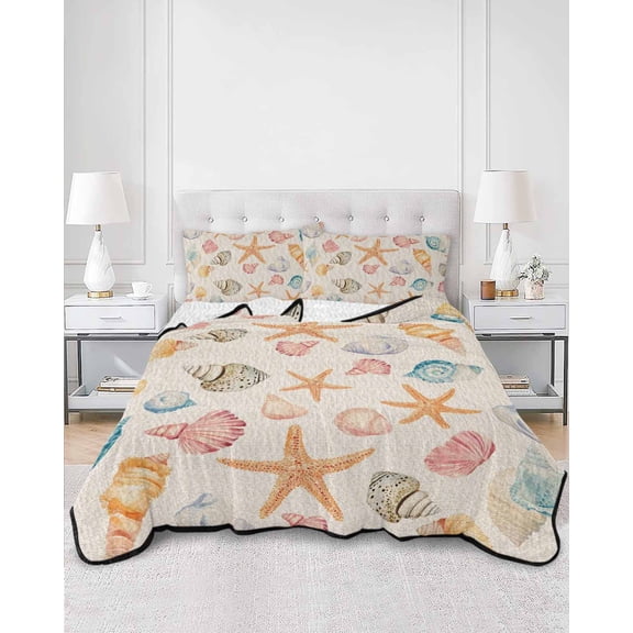 Quilts Twin Size, Shell Starfish Coastal Soft Comforter Bedding Set for Bed, Summer Beach Ocean Burlap Lightweight Quilted Bedspread with Pillow Cover(2 Pieces) for All Season, 68x86 Inch