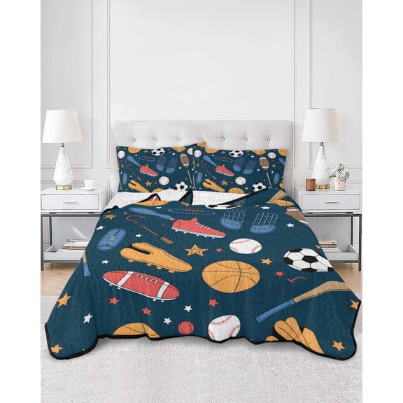 Quilts Twin Size, Sports Theme Soft Comforter Bedding Set for Bed, Cartoon Soccer Baseball Basketball Star Blue Lightweight Quilted Bedspread with Pillow Cover(2 Pieces) for All Season, 68x86 Inch
