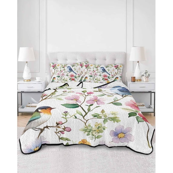 Quilts Twin Size, Spring Bird Floral Soft Comforter Bedding Set for Bed, Summer Birds Flowers Watercolor Lightweight Quilted Bedspread with Pillow Cover(2 Pieces) for All Season, 68x86 Inch
