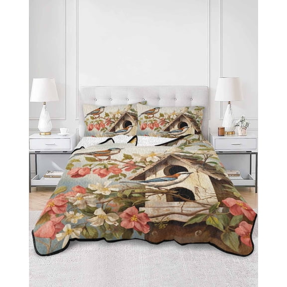 Quilts Twin Size, Spring Birdhouse Soft Comforter Bedding Set for Bed, Red Floral Botanical Birds Vintage Lightweight Quilted Bedspread with Pillow Cover(2 Pieces) for All Season, 68x86 Inch