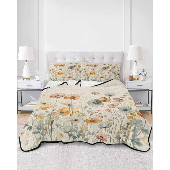 Quilts Twin Size, Spring Floral Soft Comforter Bedding Set for Bed, Elegant Flowers Summer Botanical Rustic Lightweight Quilted Bedspread with Pillow Cover(2 Pieces) for All Season, 68x86 Inch