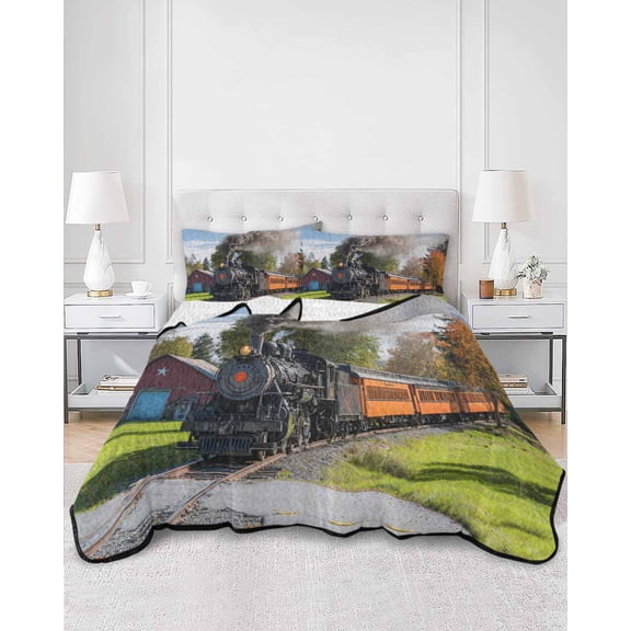 Quilts Twin Size, Steam Train Soft Comforter Bedding Set for Bed, Railroad Country Barn Rustic Trees Farmhouse Lightweight Quilted Bedspread with Pillow Cover(2 Pieces) for All Season, 68x86 Inch