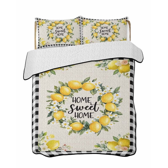 Quilts Twin Size, Summer Lemon Soft Comforter Bedding Set for Bed, Farmhouse Black Check Plaid Vintage Lightweight Quilted Bedspread with Pillow Cover(2 Pieces) for All Season, 68x86 Inch