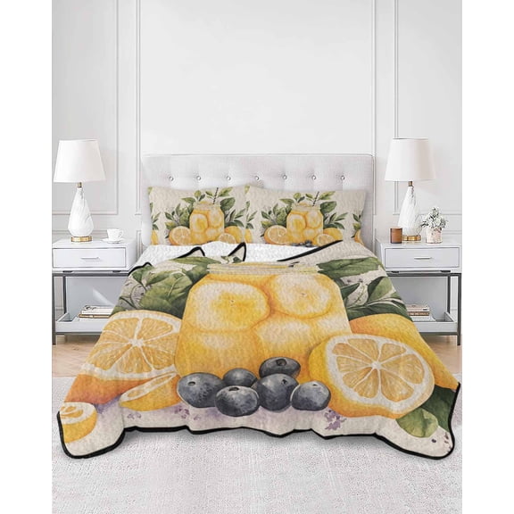 Quilts Twin Size, Summer Lemon Soft Comforter Bedding Set for Bed, Yellow Fruits Grape Green Leaf Vase Lightweight Quilted Bedspread with Pillow Cover(2 Pieces) for All Season, 68x86 Inch