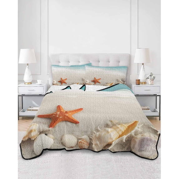 Quilts Twin Size, Summer Oceans Beaches Soft Comforter Bedding Set for Bed, Sea Waves Starfish Shells Coastal Lightweight Quilted Bedspread with Pillow Cover(2 Pieces) for All Season, 68x86 Inch