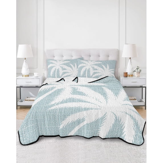 Quilts Twin Size, Summer Tropical Tree Soft Comforter Bedding Set for Bed, Coastal Sky Blue Palm Trees Lightweight Quilted Bedspread with Pillow Cover(2 Pieces) for All Season, 68x86 Inch