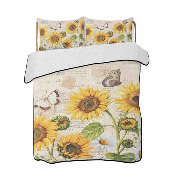 Quilts Twin Size, Sunflower Farmhouse Soft Comforter Bedding Set for Bed, Spring Summer Retro Floral Butterflies Lightweight Quilted Bedspread with Pillow Cover(2 Pieces) for All Season, 68x86 Inch