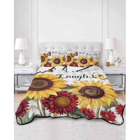 Quilts Twin Size, Sunflower Gray Check Soft Comforter Bedding Set for Bed, Farmhouse Flowers Butterfly Lightweight Quilted Bedspread with Pillow Cover(2 Pieces) for All Season, 68x86 Inch
