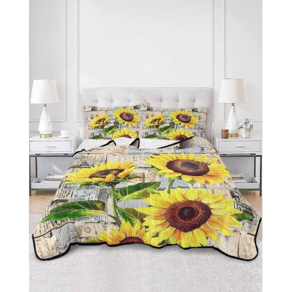 Quilts Twin Size, Sunflowers Soft Comforter Bedding Set for Bed, Botanical Floral Farmhouse Retro Wood Grain Lightweight Quilted Bedspread with Pillow Cover(2 Pieces) for All Season, 68x86 Inch