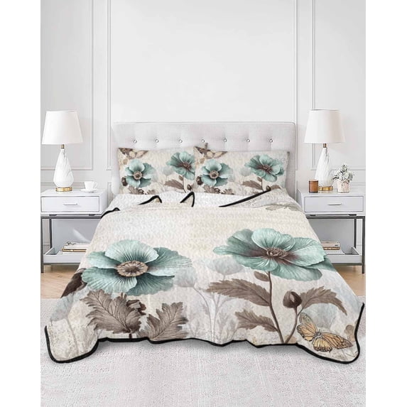 Quilts Twin Size, Teal Brown Spring Floral Soft Comforter Bedding Set for Bed, Vintage Flowers Elegant Botanical Lightweight Quilted Bedspread with Pillow Cover(2 Pieces) for All Season, 68x86 Inch