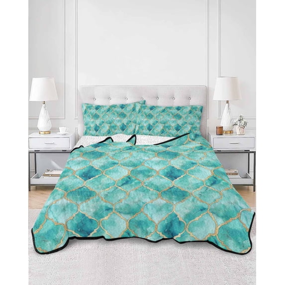 Quilts Twin Size, Teal Geometric Soft Comforter Bedding Set for Bed, Modern Morocco Abstract Art Lightweight Quilted Bedspread with Pillow Cover(2 Pieces) for All Season, 68x86 Inch