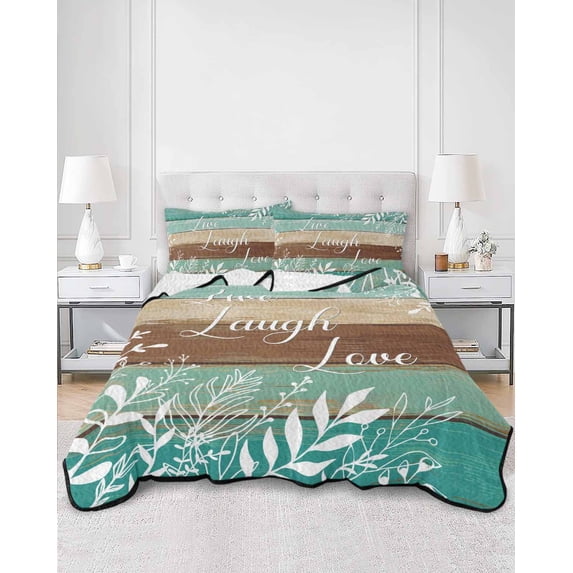 Quilts Twin Size, Teal Green Brown Botanical Soft Comforter Bedding Set for Bed, Farmhouse Wooden Leaves Lightweight Quilted Bedspread with Pillow Cover(2 Pieces) for All Season, 68x86 Inch