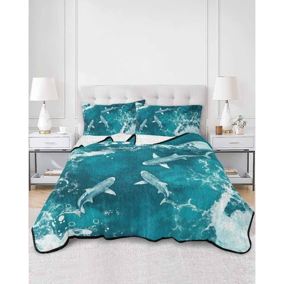 Quilts Twin Size, Teal Green Ocean Shark Soft Comforter Bedding Set for Bed, Coastal Wave Summer Beach Lightweight Quilted Bedspread with Pillow Cover(2 Pieces) for All Season, 68x86 Inch