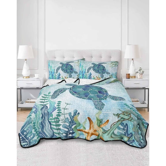 Quilts Twin Size, Teal Green Sea Turtle Soft Comforter Bedding Set for Bed, Coastal Summer Beach Seaweed Lightweight Quilted Bedspread with Pillow Cover(2 Pieces) for All Season, 68x86 Inch