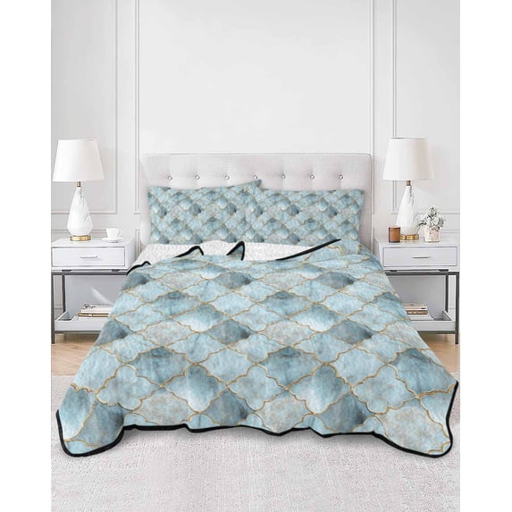 Quilts Twin Size, Teal Morocco Soft Comforter Bedding Set for Bed, Modern Abstract Art Contemporary Geometric Lightweight Quilted Bedspread with Pillow Cover(2 Pieces) for All Season, 68x86 Inch