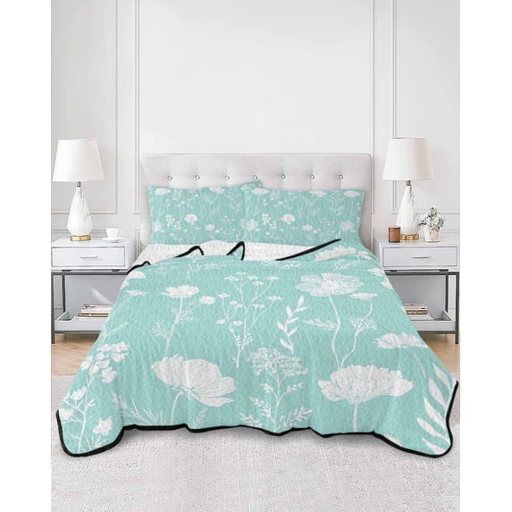 Quilts Twin Size, Teal Wildflowers Soft Comforter Bedding Set for Bed, Farmhouse Floral Botanical Leaves Lightweight Quilted Bedspread with Pillow Cover(2 Pieces) for All Season, 68x86 Inch