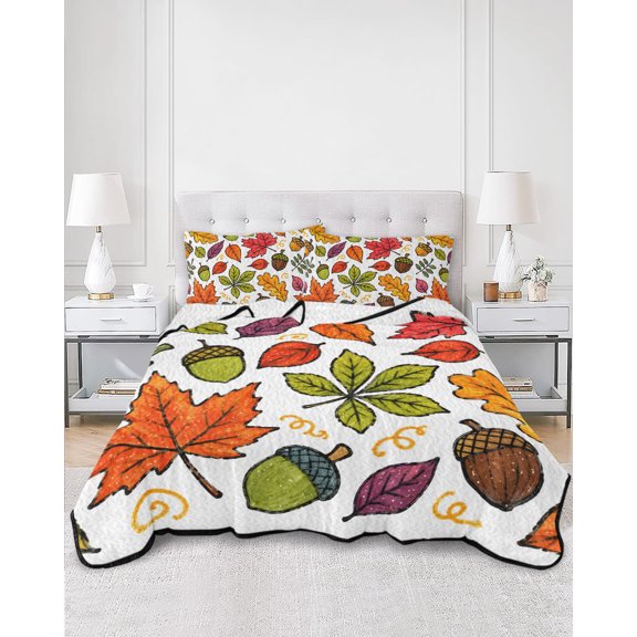 Quilts Twin Size, Thanksgiving Fall Soft Comforter Bedding Set for Bed, Country Falling Maple Leaves Pine Cone Lightweight Quilted Bedspread with Pillow Cover(2 Pieces) for All Season, 68x86 Inch
