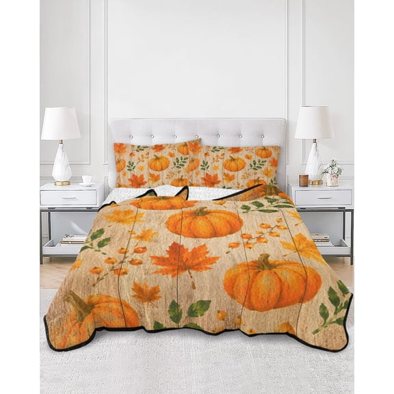 Quilts Twin Size, Thanksgiving Soft Comforter Bedding Set for Bed, Autumn Orange Pumpkin Maple Leaf Wooden Lightweight Quilted Bedspread with Pillow Cover(2 Pieces) for All Season, 68x86 Inch