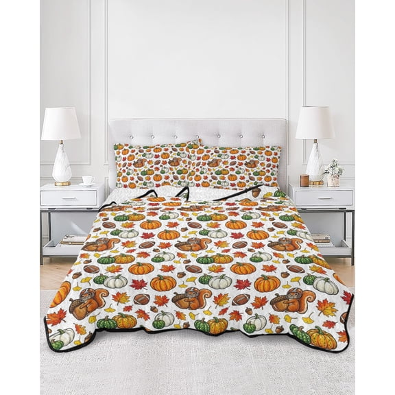 Quilts Twin Size, Thanksgiving Soft Comforter Bedding Set for Bed, Fall Pumpkin Leaves Squirrel Rustic Farmhouse Lightweight Quilted Bedspread with Pillow Cover(2 Pieces) for All Season, 68x86 Inch