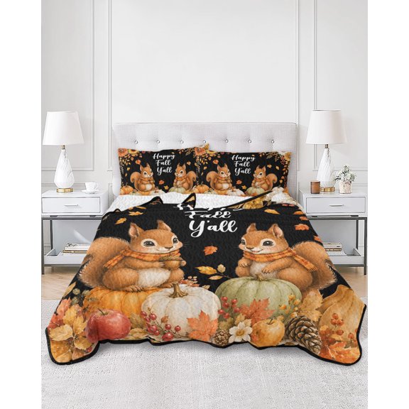 Quilts Twin Size, Thanksgiving Soft Comforter Bedding Set for Bed, Fall Squirrel Pumpkins Fall Rustic Black Lightweight Quilted Bedspread with Pillow Cover(2 Pieces) for All Season, 68x86 Inch