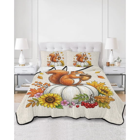Quilts Twin Size, Thanksgiving Soft Comforter Bedding Set for Bed, Fall Squirrel Pumpkins Maple Sunflowers Lightweight Quilted Bedspread with Pillow Cover(2 Pieces) for All Season, 68x86 Inch
